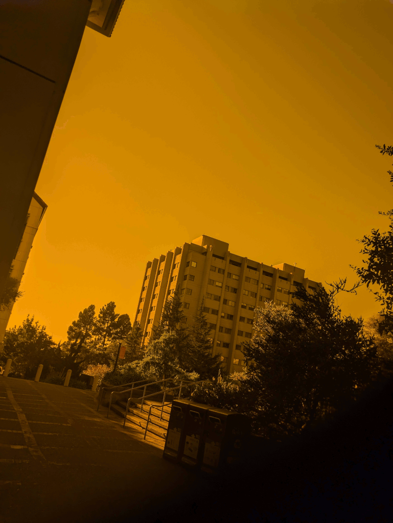 building on uc berkeley campus viewed through laser goggles