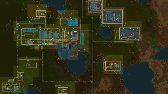 The map view showing a large sprawling base with a number of outposts sending materials back by train.